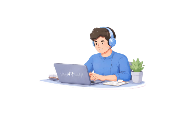 Student listening with headphones at a laptop