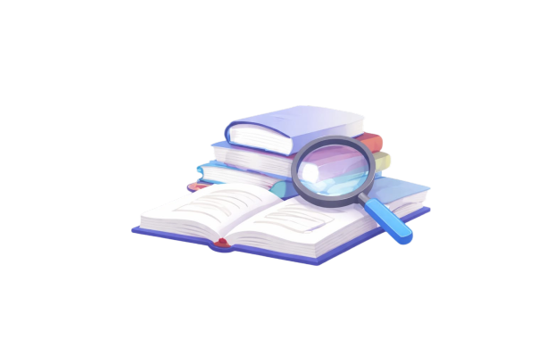 Stack of books with a magnifying glass