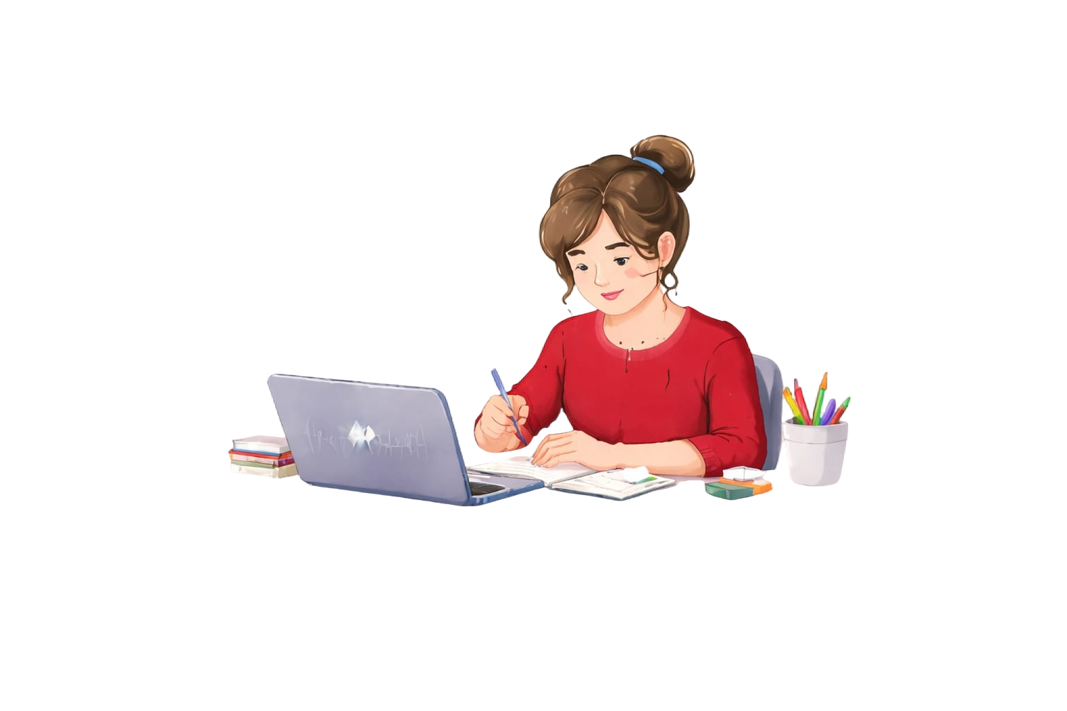 Student writing notes at a laptop