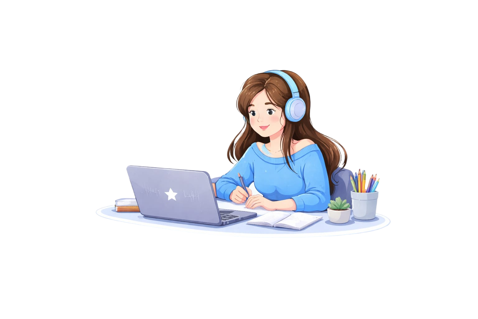 Student speaking with headphones at a laptop