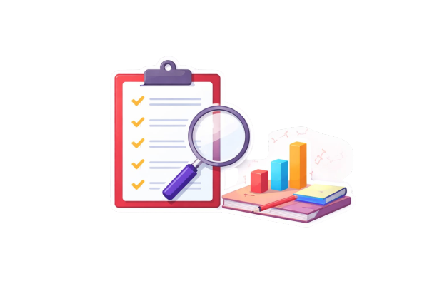 Clipboard with checklist, magnifying glass and bar chart